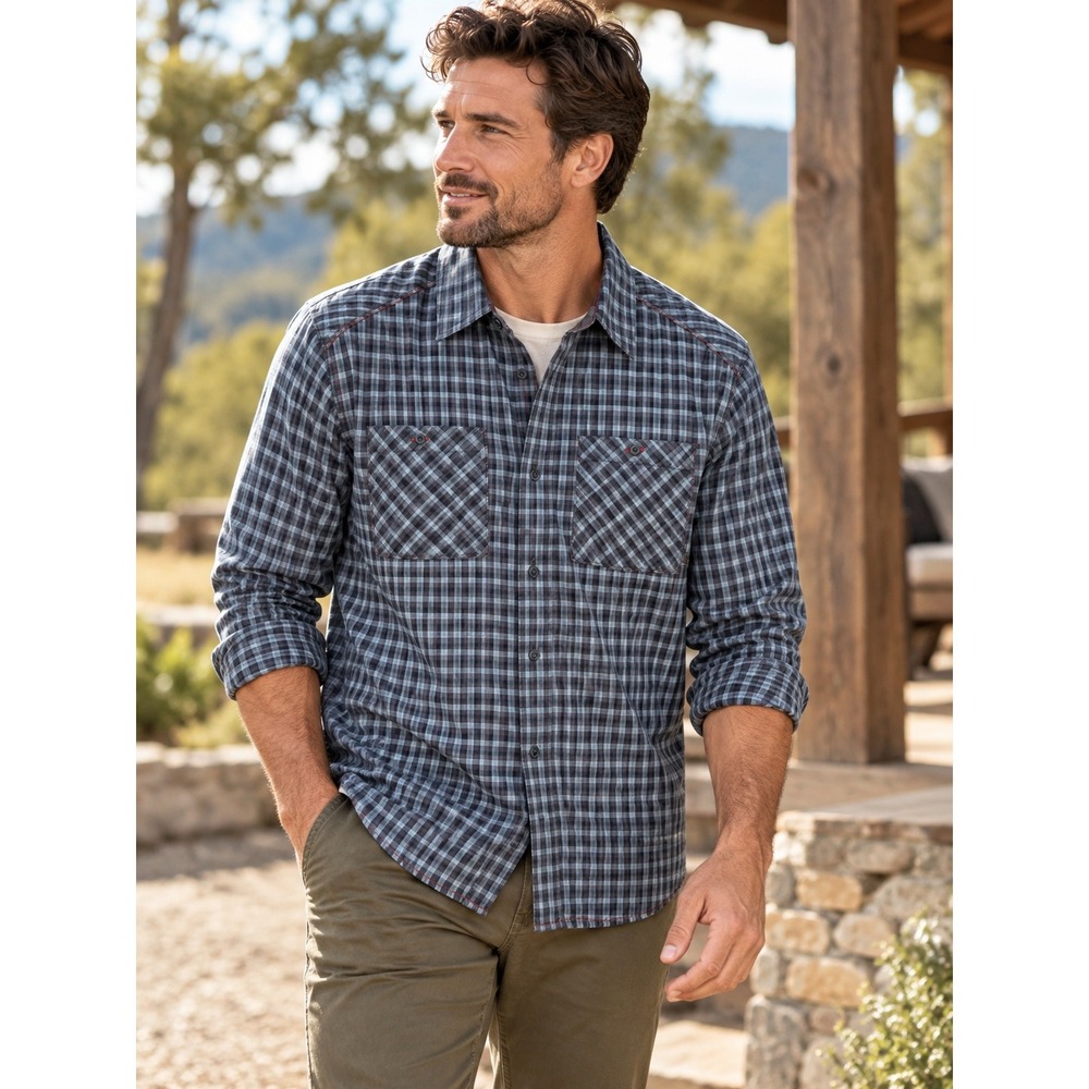 Mountain Hardwear Men's Large Plaid Button Down Shirt Gray Blue Cotton Outdoor